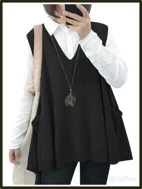 Cotton Oversized Sweater Vest Sleeveless V-Neck Pullover with Drop Pockets Black